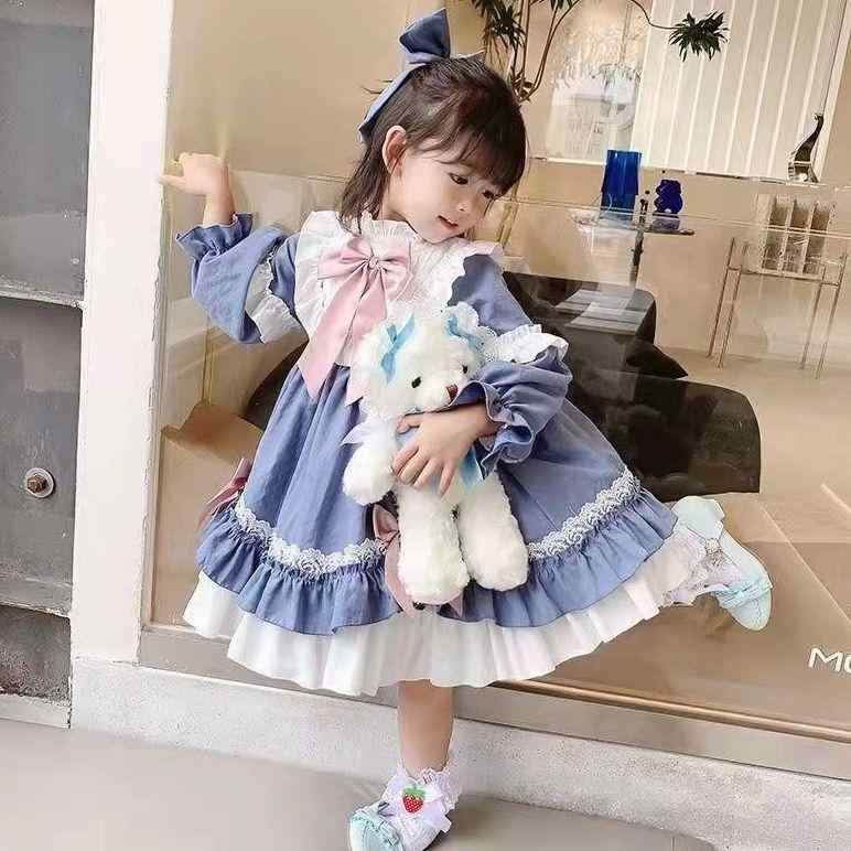 Dresses - ワンピース 女の子 秋冬 ロリータ 長袖 高級感 リボン レース プリンセスドレス ブルー チュチュスカート かわいい 発表会 結婚式 誕生日 キッズ 柔らかい フリル Aライン ゴスロリ ポリエステル 華やか
