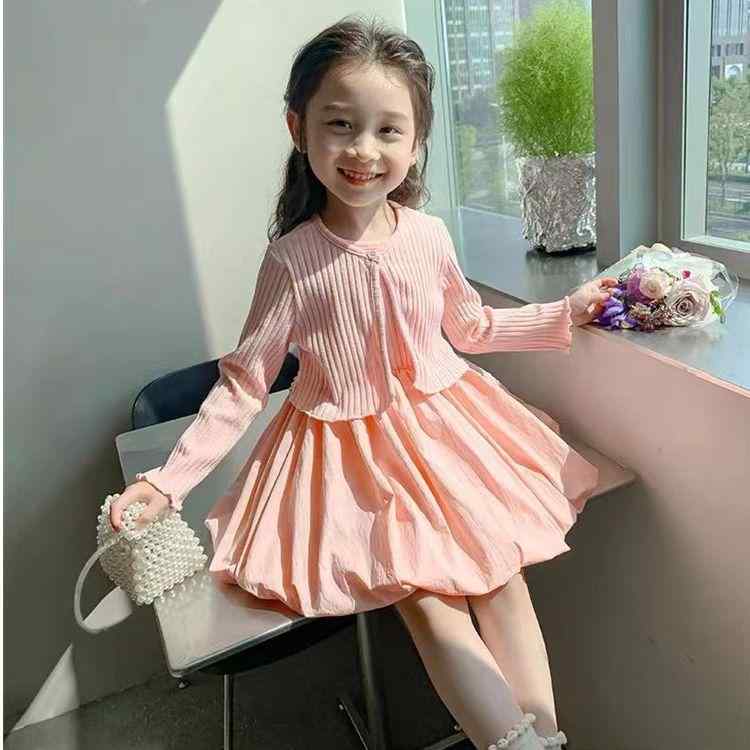 Other - セットアップ 女の子 子供 長袖 アウター カーディガン ジャンパースカート ノースリーブ 2点 秋冬 かわいい プリンセス風 おしゃれ お出かけ 通園 通学 発表会 ポリエステル 無地 Aライン ピンク ブラウン 上品 清楚 重ね着 ガーリー 柔軟加工