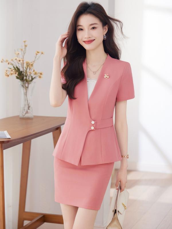 Suits For Job Interviews - スーツ レディース セットアップ 半袖 春夏 ビジネス 上品 エレガント 制服 ユニフォーム スカート パンツ 九分丈 受付 接客 事務服 仕事用 テーラードジャケット 洗える ストレッチ 伸縮性 ポリエステル ピンク ブルー ブラック