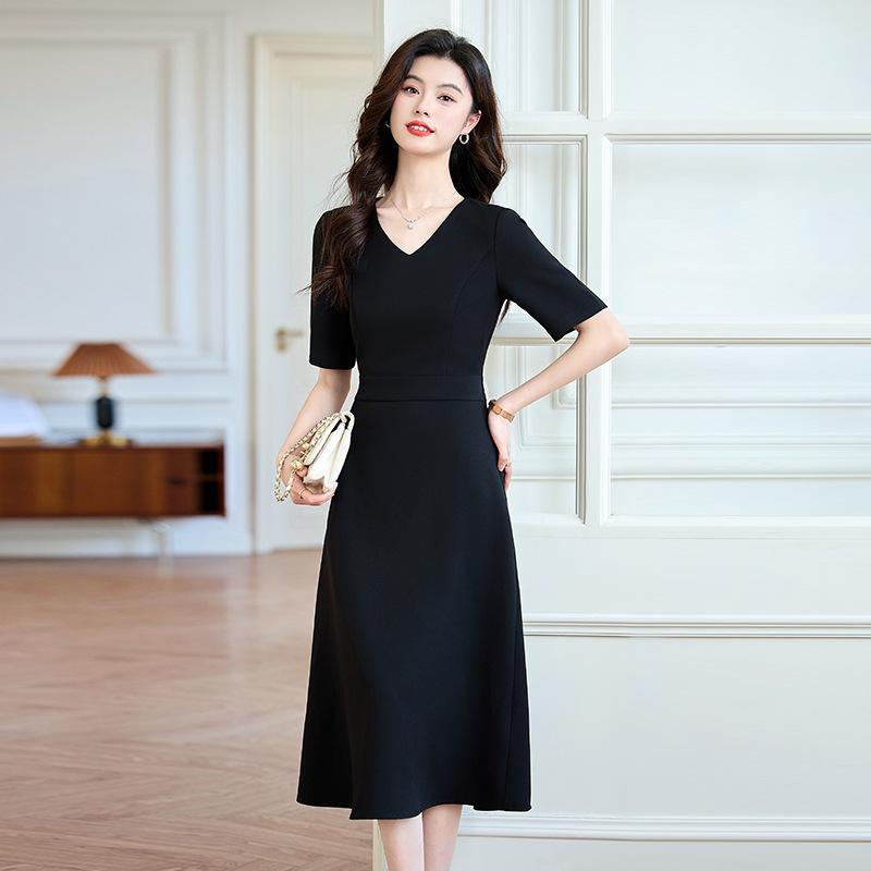 ワンピース レディース 春夏 半袖 Vネック Aライン ミモレ丈 ロング 無地 ブラック ピンク きれいめ 上品 清楚 レトロ クラシック ウエストマーク 着痩せ 細見え 通勤 オフィス お呼ばれ フォーマル エレガント ポリエステル