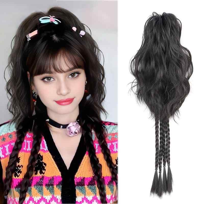 ウィッグ レディース ポニーテール エクステ ロング 三つ編み つけ毛 Y2K ギャル 地雷系 耐熱ファイバー 噴水型 束感 ボリュームアップ ナチュラルブラック ダークブラウン 普段使い イベント 高級感 かわいい