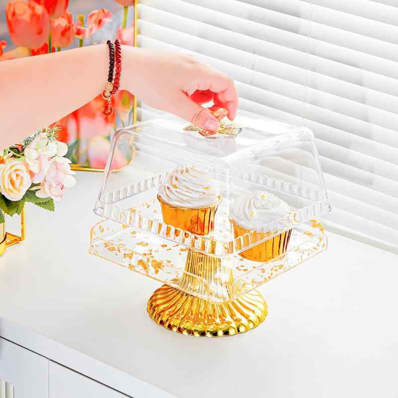 ケーキスタンド 蓋 果物皿 アクリル 透明 トレイ 菓子器 コンポート パン スナック ドライフルーツ スイーツ デザート 収納 ディスプレイ 高級感 レトロ アンティーク調 キッチン用品 ティータイム ホームパーティー カフェ 卓上 ゴールド スク