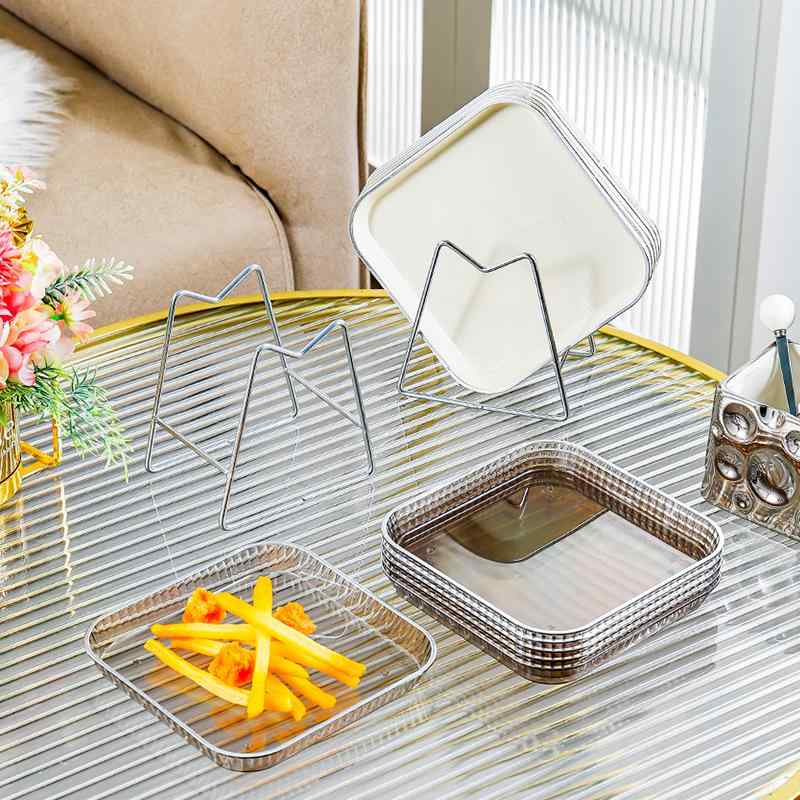 プレート メンズ レディース 小皿 骨入れ 四角 スクエア プラスチック製 軽量 縁取り シルバーライン モダン シンプル 高級感 自宅用 飲食店 ホテル 卓上 デザート フルーツ ゴミ受け アイボリー 透明