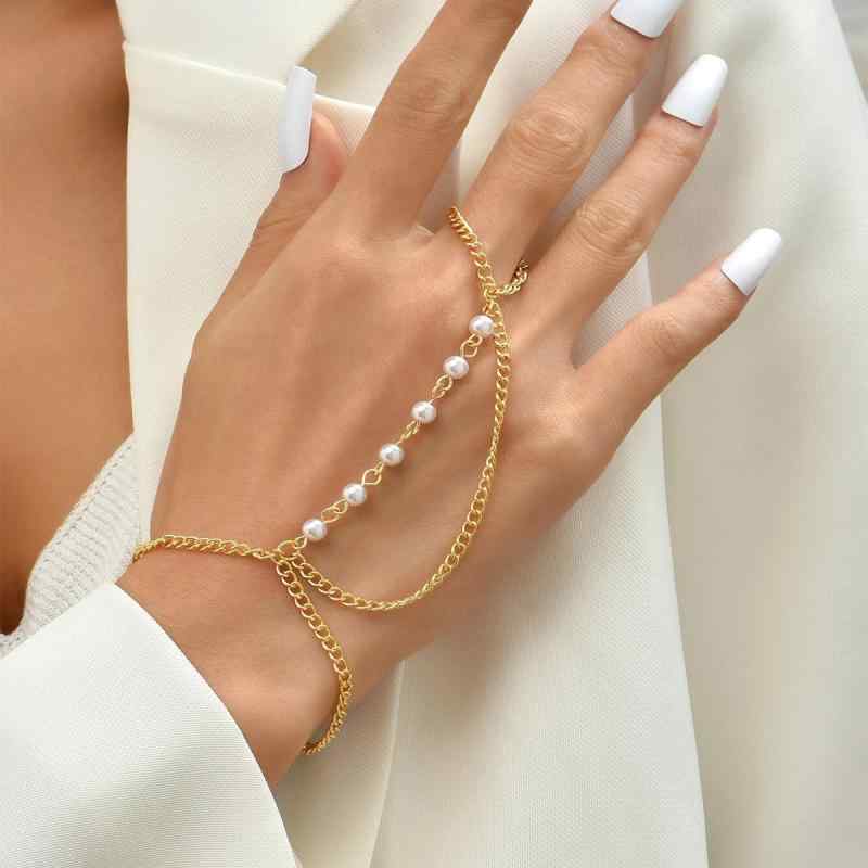 White Coral - ブレスレット レディース パール パール 腕輪 ハンドジュエリー チェーン フィンガーブレスレット フィンガーリング 切り替え 電気メッキ加工 幾何学 シンプル かわいい 欧米風 トレンド ファッション パーティー 結婚式 普段使い ゴールド