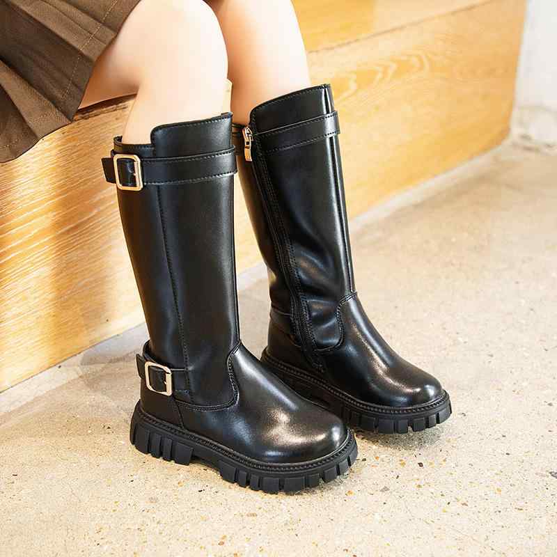 Formal Shoes - ブーツ 女の子 キッズ 秋冬 防寒 裏起毛 ボア 暖かい ブラック 黒 スノーシューズ サイドジッパー ファスナー ハイカット 滑り止め おしゃれ かわいい 韓国ファッション フェイクレザー カジュアル 通学 普段履き