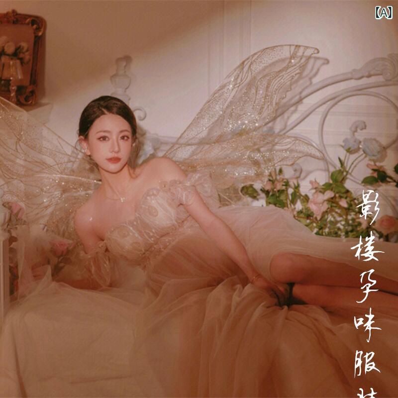 ドレス レディース 妊婦 マタニティ 撮影 記念写真 衣装 ワンピース 礼服 ロング セクシー フェアリー ゴールド 金 エレガント 高級感 ノースリーブ 袖なし チュール 伸縮性 春夏 シェニール