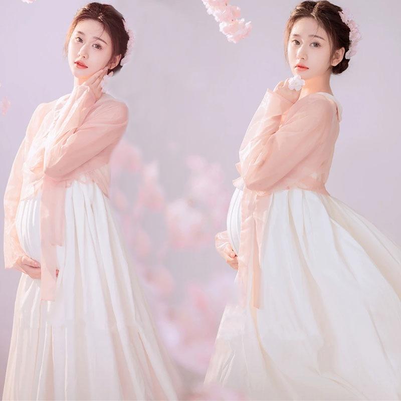 Dresses - セットアップ レディース 妊婦用 漢服 民族衣装 マタニティフォト スタジオ 記念撮影 モダンチャイナ キャミソールワンピース トップス 長袖 ミモレ丈 ロング フェミニン 仙女風 エレガント 上品 春夏 ポリエステル 清潔感 フリーサイズ