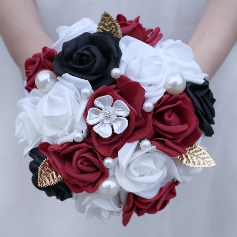 Akoya Pearl - ブーケ レディース 結婚式 披露宴 前撮り ウエディング ブライダル 花嫁 バラ ローズ サテン リボン ラインストーン ビジュー 高級感 華やか 造花 アーティフィシャルフラワー ハンドメイド ワインレッド ホワイト ブラック