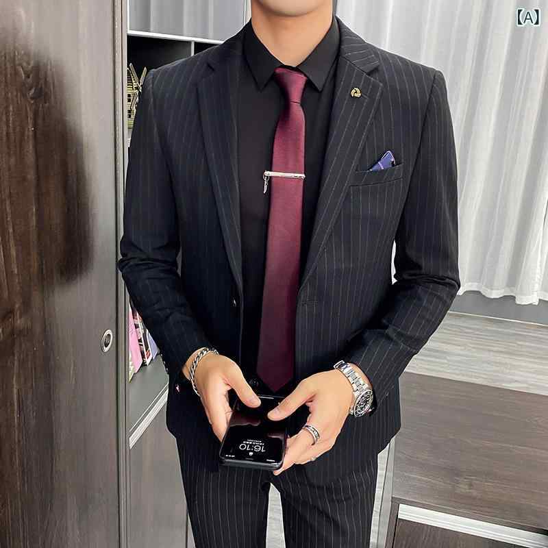 スーツ メンズ テーラードジャケット ストライプ スリム 紳士服 秋冬 ビジネス 通勤 フォーマル ボタン センターベント ノッチドラペル レーヨン 混紡素材 高級感 ブラック グレー 男性用 礼装 韓国 きれいめ 細身