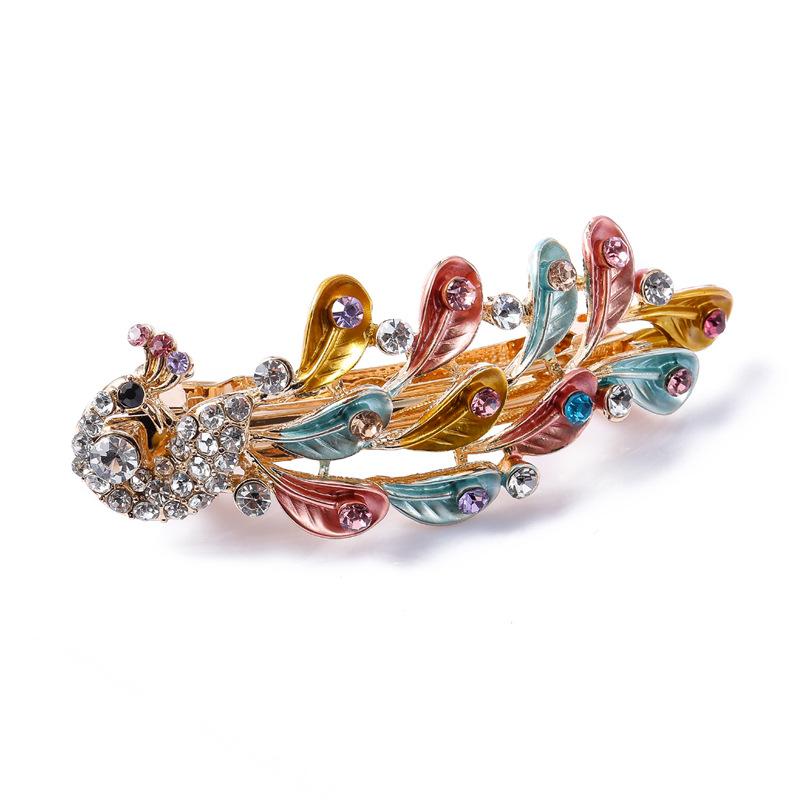 ヘアクリップ レディース バレッタ アクセサリー 髪留め 孔雀 ピーコック フェニックス レトロ ヴィンテージ調 華やか エナメル ジルコニア ラインストーン 春夏 結婚式 和装 普段使い ブルー ピンク シャンパン