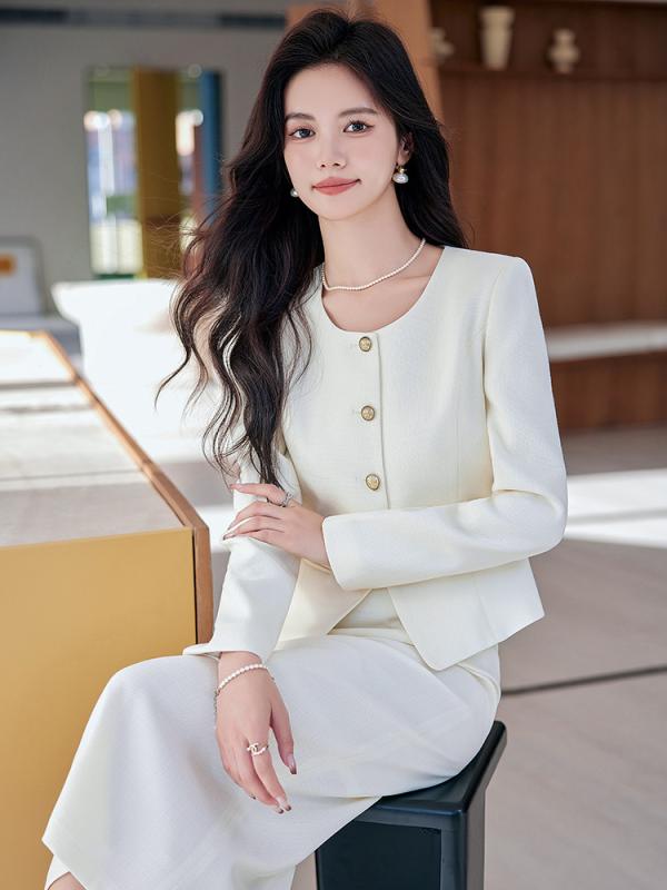 Pants Suit - スカートスーツ レディース セットアップ 2点セット ジャケット 長袖 ミモレ丈 春秋 高級感 上品 エレガント 通勤 オフィス フォーマル 小柄 ホワイト ブラック グリーン ポリエステル 清楚 きれいめ パフスリーブ