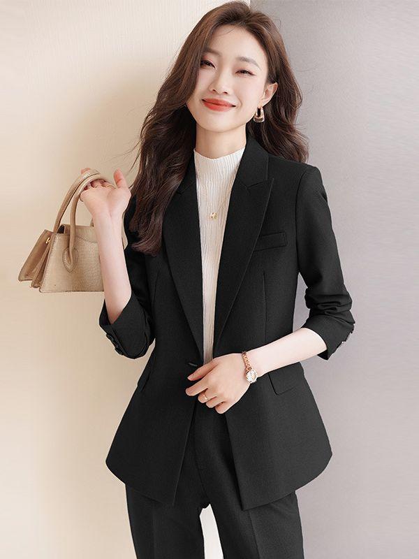 Suits For Job Interviews - セットアップ レディース パンツスーツ テーラードジャケット 長袖 ビジネス 通勤 フォーマル 秋冬 高級感 上品 きれいめ シンプル ポリエステル ボタン 無地 ブラック グレー ネイビー