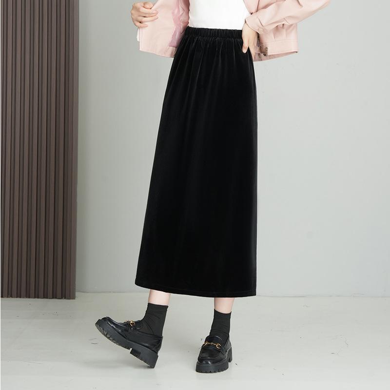乐天商城 - スカート レディース ロング ボトムス マキシ丈 黒 ベルベット ベロア Aライン ストレート 秋冬 ウエストゴム 細見え 着痩せ きれいめ 上品 エレガント 通勤 普段使い オフィス 無地 切り替え ポリエステル
