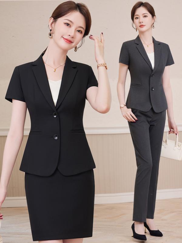 スーツ レディース セットアップ 半袖 夏 薄手 高級感 オフィス 通勤 接客 事務服 制服 リクルート パンツスーツ スカートスーツ ジャケット ストレッチ ビジネス フォーマル 涼しい ブラック ブルー ダークグレー