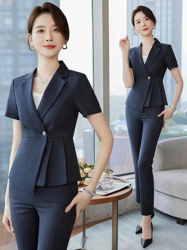 Suits For Job Interviews - スーツ レディース セットアップ 春夏 半袖 テーラードジャケット パンツ スカート ビジネス 接客 通勤 事務服 制服 小柄向け きれいめ エレガント 上品 高級感 薄手 ポリエステル ブラック グレー ネイビー
