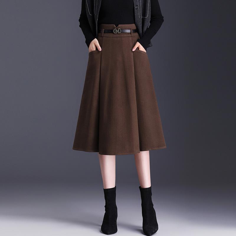スカート レディース 秋冬 Aライン プリーツ ミモレ丈 ロング ハイウエスト 切り替え ウール調 ポリエステル 着痩せ 体型カバー 高級感 オフィス 通勤 お出かけ 黒 キャメル フレア ボトムス 上品 きれいめ