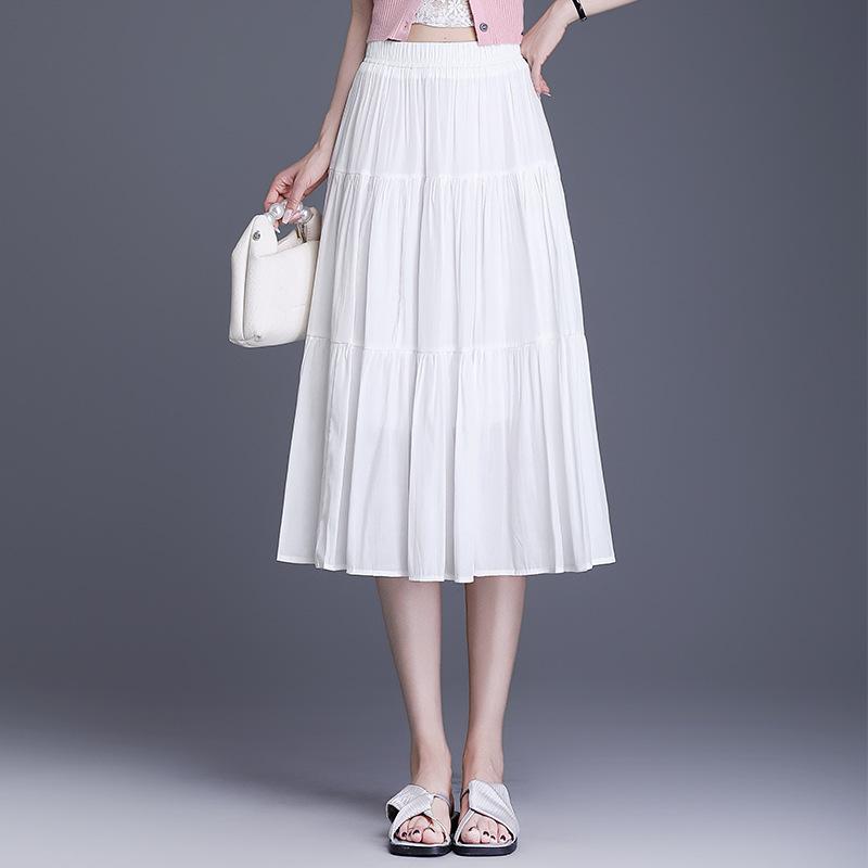 乐天商城 - スカート レディース 春夏 プリーツ Aライン フレア ミモレ丈 ロング ウエストゴム 切り替え ポリエステル 着痩せ 体型カバー きれいめ オフィスカジュアル 通勤 普段使い ブラック ホワイト 無地 伸縮性