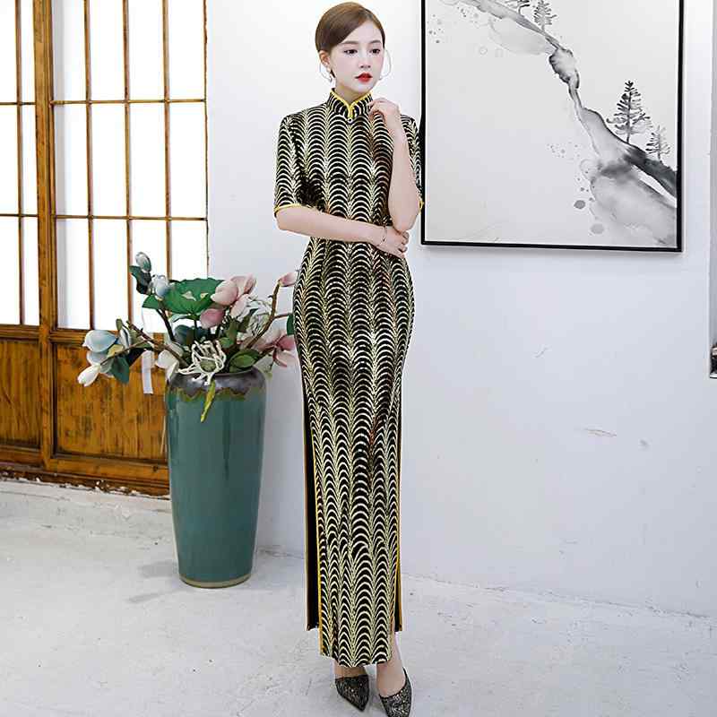 Other - チャイナドレス レディース マキシ丈 ロングドレス 漢服 ワンピース 舞台衣装 演出服 演奏会 秋冬 スタンドカラー 斜め襟 高めスリット 立体装飾 レトロ 文芸的 エレガント 高級感 30代 画像参照 大きいサイズ
