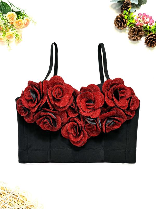 Camisoles - ビスチェ レディース ワインレッド キャミソール 立体ローズ 花モチーフ 補正 コルセット インナー 重ね着 レイヤード セクシー 高級感 スリム ショート丈 トップス ポリエステル チェーン バレンタイン 記念日 春夏