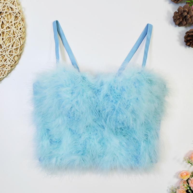 Camisoles - ビスチェ レディース キャミソール トップス インナー ショート丈 へそ出し フェザー 羽根 オーストリッチ 駝鳥 羽 コルセット風 ボーン入り 背中あき タイト スリム 無地 高級感 上品 エレガント きれいめ 通勤 パーティー 秋冬 白 黒 ピンク