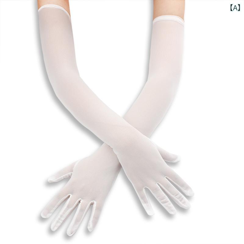 フロントップ楽天市場店の手袋 メンズ レディース ロンググローブ 55cm レース 網 メッシュ チュール 伸縮性 透け感 ポリエステル UV対策 紫外線対策 礼装 ハロウィン コスプレ パーティー セクシー ホワイト ブラック グレー 春夏 秋冬｜アングル2