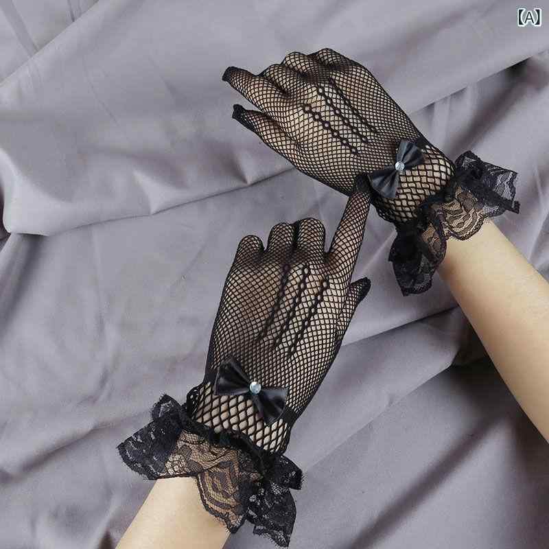 手袋 レディース グローブ メッシュ レース 薄手 セクシー ウェディング 披露宴 パーティー 日焼け防止 UVカット 紫外線対策 リボン ラインストーン ビジュー 黒 白 ポリエステル 透け感 エレガント 春夏 2