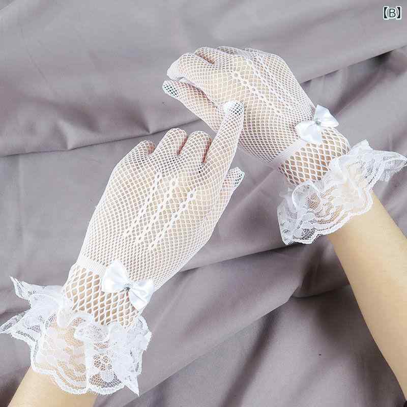 手袋 レディース グローブ メッシュ レース 薄手 セクシー ウェディング 披露宴 パーティー 日焼け防止 UVカット 紫外線対策 リボン ラインストーン ビジュー 黒 白 ポリエステル 透け感 エレガント 春夏 3