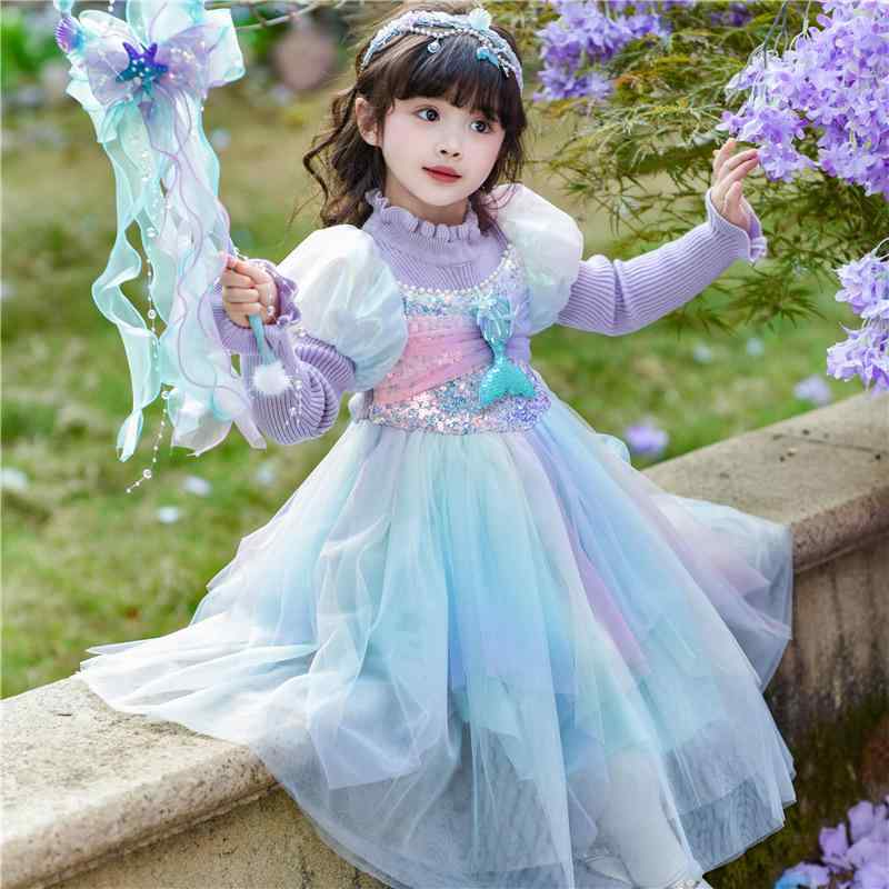 ワンピース 女の子 キッズ ジュニア プリンセス ドレス ニット チュール 人魚 マーメイド 長袖 秋冬 紫 誕生日 発表会 パーティ かわいい 柔らかい 裏地 綿 ポリエステル 膝丈 フレア ガールズ グラデーション