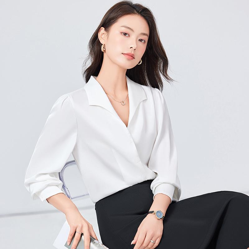 Rakuten - シャツ レディース ブラウス トップス セットアップ 上下セット 事務服 通勤 ビジネス 面接 長袖 Vネック 切り替え スリム 伸縮性 スーツ 制服 オフィス ホワイト ブルー ピンク 秋冬 ポリエステル ポリウレタン 就活 リクルート 上品 きれいめ
