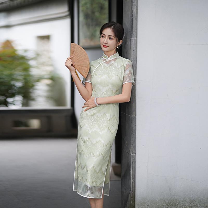 Other - チャイナドレス レディース ワンピース レース 高級感 春夏 細見え 中華風 レトロ ヴィンテージ 普段使い スタンドカラー 半袖 ポリエステル ロング丈 エレガント 上品 華やか 透け感 ゴールド お呼ばれ