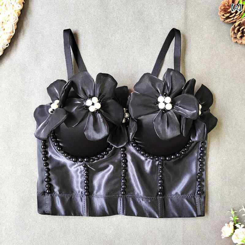 フロントップ楽天市場店のビスチェ レディース キャミソール トップス ショート丈 立体花 パール ワイヤー入り コルセット アセテート繊維 サテン 光沢感 上品 高級感 フェミニン ガーリー かわいい お呼ばれ 重ね着 ブラック カーキ 秋冬｜アングル2