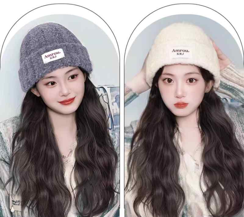 Point Wigs - ニット帽 ウィッグ一体型 レディース ワッチ リブ編み ゆるふわ ロング ウェーブ 耐熱ファイバー 自然 かつら 髪付き帽子 小顔効果 防寒 簡単装着 便利 おしゃれ ストリート カジュアル 普段使い お出かけ 秋冬 ブラウン オフホワイト グレー