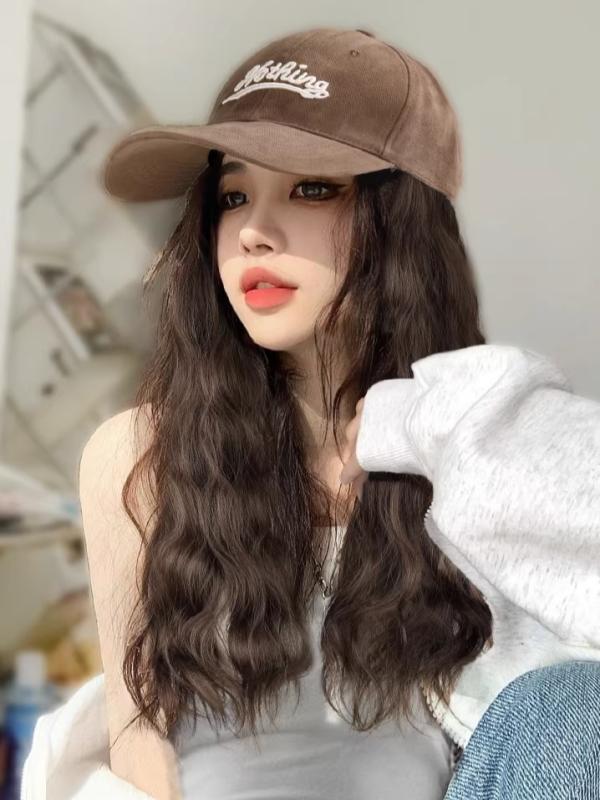 Point Wigs - キャップ ウィッグ一体型 レディース ロング カール ウェーブ ゆるふわ 耐熱ファイバー 人工毛 ボリューム感 自然 かつら 髪付き帽子 つば イメチェン 小顔効果 簡単 便利 おしゃれ ストリート カジュアル 普段使い お出かけ 黒 茶色