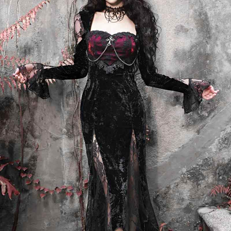 ハロウィン コスプレ レディース ワンピース ゴシック マーメイド ドレス ベロア レース チュール 切り替え ボルドー スリムフィット ロング 長袖 ハートネック 薔薇柄 秋冬 パーティー 二次会 黒 チェーン