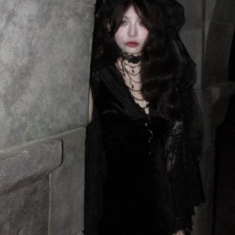 ハロウィン コスプレ レディース ワンピース ダーク ゴシック Vネック 長袖 ロング 切り替え レース マーメイド ウエストマーク クリスマス サブカル 黒 首輪