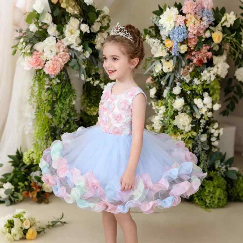 ドレス 女の子 キッズ 子供 ワンピース プリンセス 欧米風 チュール レインボー ティアード ふんわり ボリューム 結婚式 発表会 誕生日 フォーマル サテン ピンク パープル オールシーズン かわいい 高級感