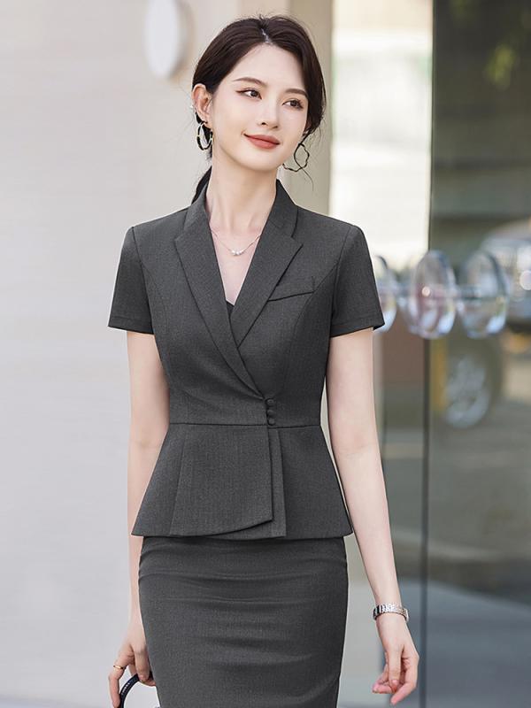 セットアップ レディース 事務服 制服 スーツ 受付 ホテル 接客用 半袖 春夏 ジャケット スカート パンツ 膝丈 高級感 エレガント ストレッチ ポリエステル ブラック ダークグレー ブルー