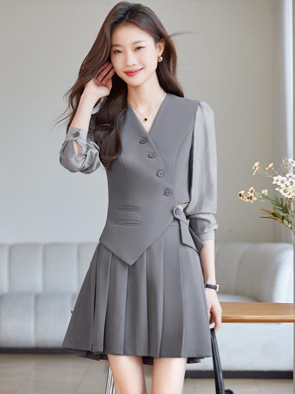 Pants Suit - セットアップ レディース 長袖 ブラウス ベスト シャツ ワイドパンツ プリーツスカート 春夏 高級感 上品 エレガント フェミニン きれいめ ウエストマーク 着痩せ 薄手 軽量 グレー ブラック イエロー 通勤