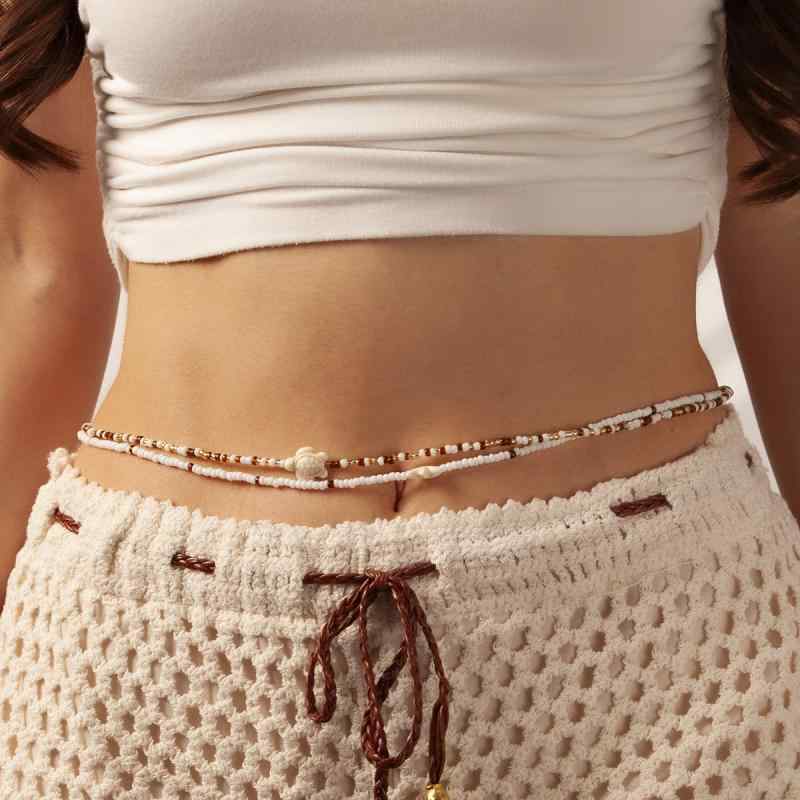 ウエストチェーン レディース ボディジュエリー ウエスト飾り シードビーズ シェル 貝殻 2連 ダブル ヒトデ ウミガメ アニマルモチーフ 欧米風 リゾート ビーチ 普段使い ポリマークレイ 秋冬 高級感 かわいい