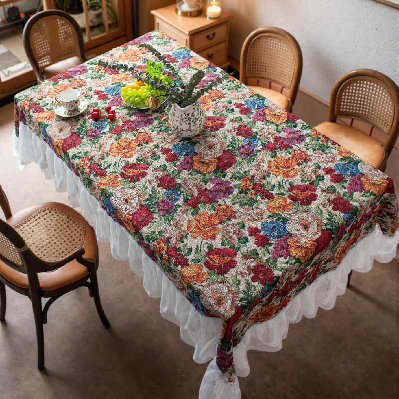 テーブルクロス ジャガード織り アイリス 花 鳥 ボタニカル 厚手 レース フリル マルチカバー 敷物 長方形 アメリカン アンティーク調 防塵 インテリア 食卓 ダイニング キッチン ベージュ ブラック 混紡 高級感