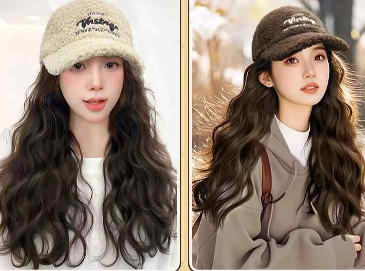 キャップ ウィッグ一体型 レディース ロングヘア ウェーブ カール ゆるふわ シープボア 秋冬 韓国 自然 かつら 髪付き帽子 小顔効果 保温 防寒 簡単 便利 おしゃれ ストリート カジュアル 普段使い お出かけ 黒 茶 ベージュ 英字 刺繍