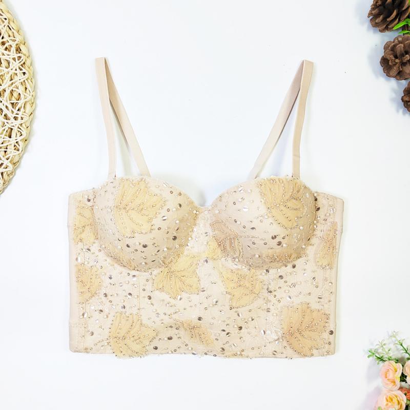 Other - キャミソール レディース トップス チューブトップ ベアトップ ビスチェ セクシー 総レース ビーズ刺繍 スパンコール タイト スリム 背中あき バックオープン インナー 春夏 アプリコット ストリート ポリエステル ショート丈