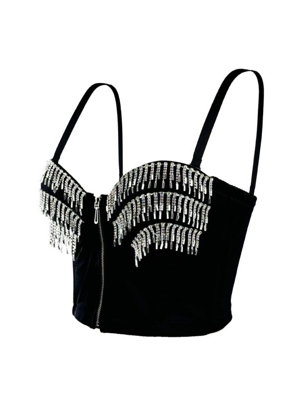 Camisoles - ビスチェ レディース キャミソール トップス セクシー 欧米風 パンク ロック フリンジ ボーン入り コルセット ショート丈 スリム ポリエステル チェーン ストリート ギャル ダンス フェス 春夏 ブラック ホワイト