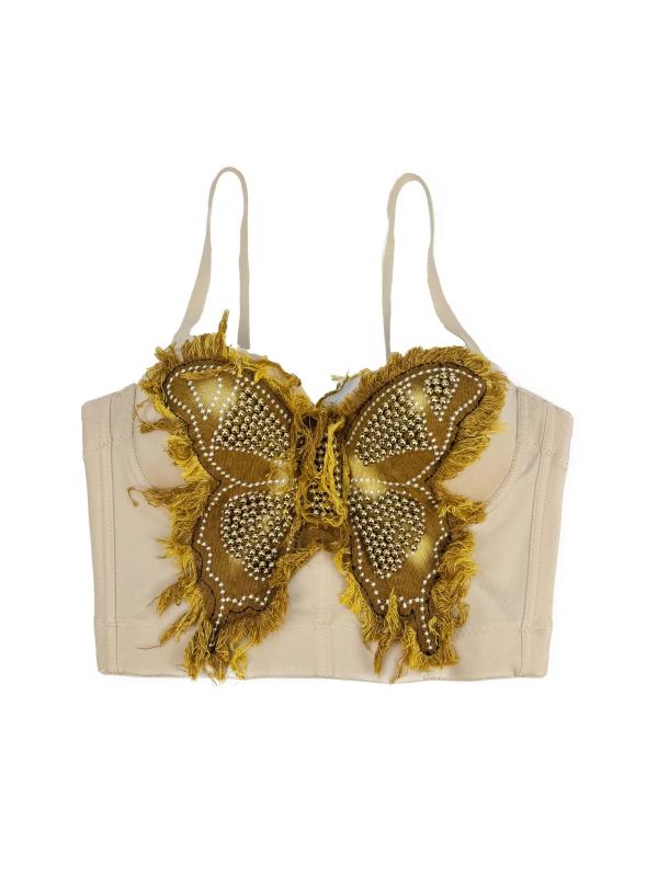 ビスチェ レディース コルセット ベアトップ チューブトップ キャミソール トップス 高級感 蝶 バタフライ ボーン入り ショート丈 スリム 伸縮性 アプリコット 春夏 セクシー ストリート系 欧米風 肌見せ インナー ダンス 衣装 発表会