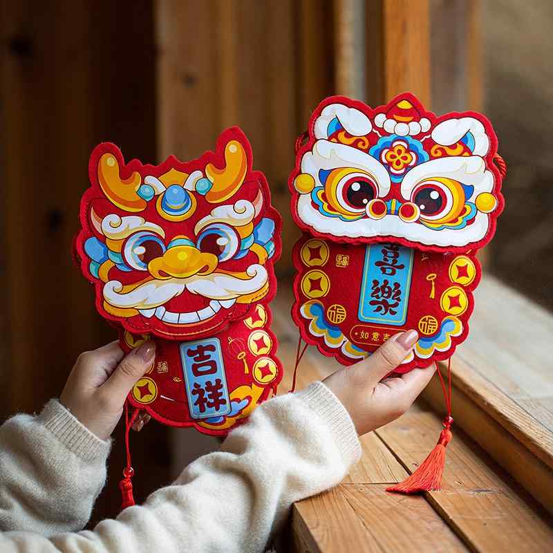 樂天商城 - ご祝儀 ポチ袋 中国 紙幣 元 かわいい 紅包 フェルト ふわふわ お年玉 金封 新年 旧正月 春節 慶事 誕生日 お祝い 祝福 贈答 お小遣い 中華 雑貨 プレゼント 招福 獅子舞 吉祥 縁起物 タッセル ショルダーストラップ ポシェット 赤