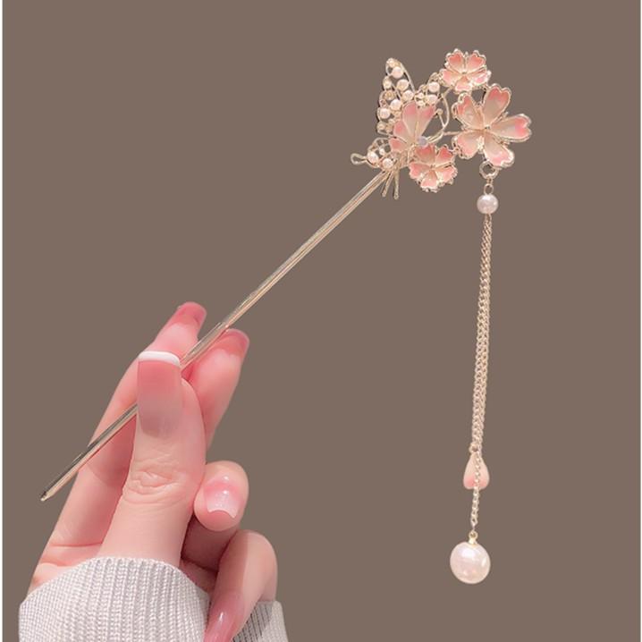 髮簪 - 髪飾り レディース かんざし ヘアアクセサリー 桜 さくら スティック 高級感 漢服 チャイナドレス 和装 民族風 フリンジ タッセル 揺れる 花 フラワー 伝統的 エスニック 華やか かわいい 合金 アレンジ レトロ