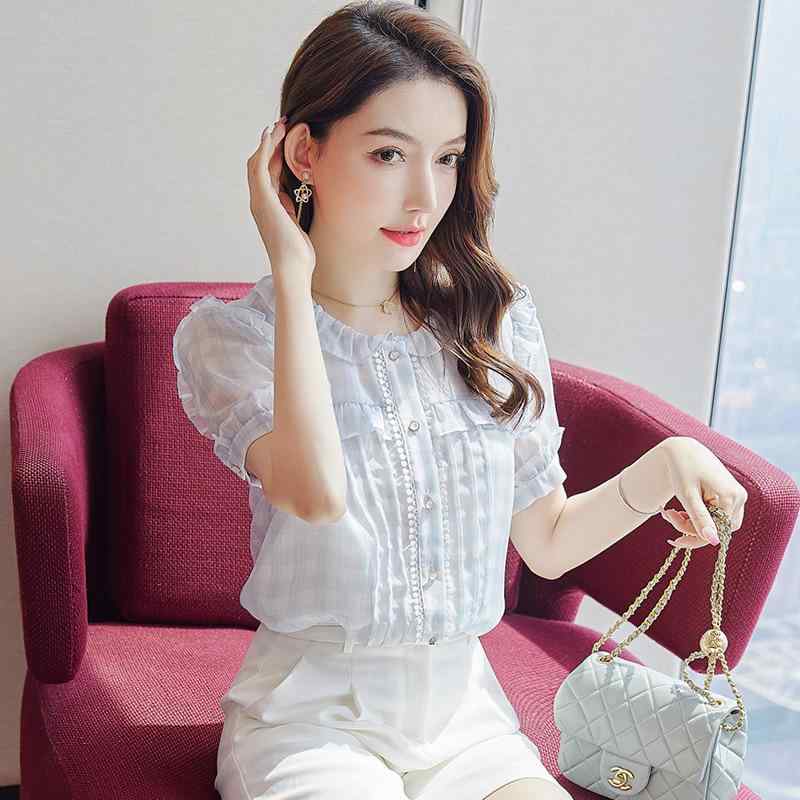 乐天商城 - ブラウス レディース 春夏 半袖 シフォン シャツ トップス ラウンドネック 丸襟 フリル ラッフル ペタルスリーブ チェック柄 前開き ボタン スリム 着痩せ 細見え きれいめ オフィス 通勤 お出かけ ライトブルー