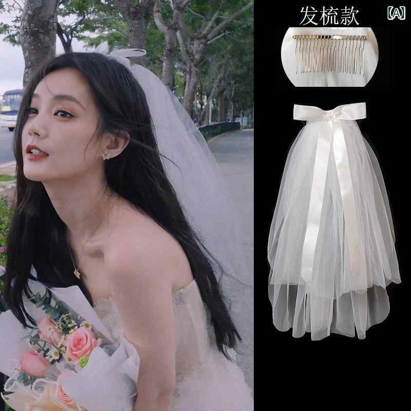 フロントップ楽天市場店のウエディングベール レディース 結婚式 披露宴 前撮り ホワイト リボン ショート チュール 髪飾り ヘッドドレス ブライダル小物 欧米風 高級感 花嫁 撮影用 ヘアコーム ヘアクリップ 春夏 かわいい エレガント 上品 清楚 フォーマル｜アングル2