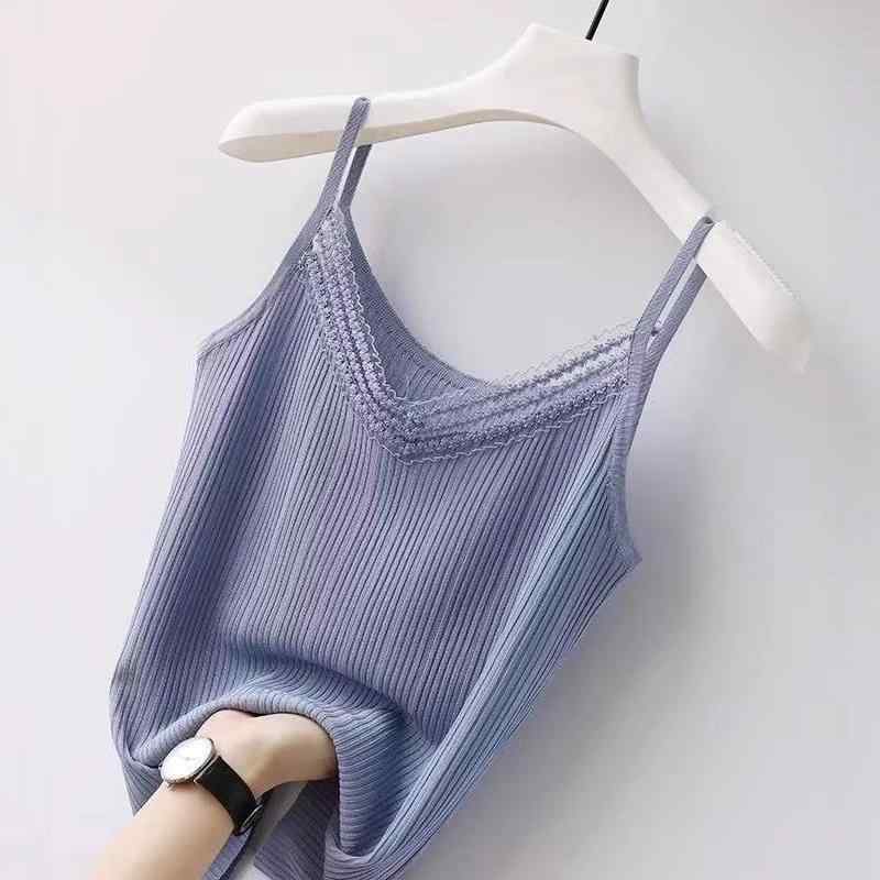 Camisoles - キャミソール レディース 春夏 レース タンクトップ トップス Vネック ショート丈 スリム インナー ノースリーブ リブ 伸縮性 無地 きれいめ 通勤 普段使い 重ね着 3D効果 ポリエステル ブルー ブラック ホワイト