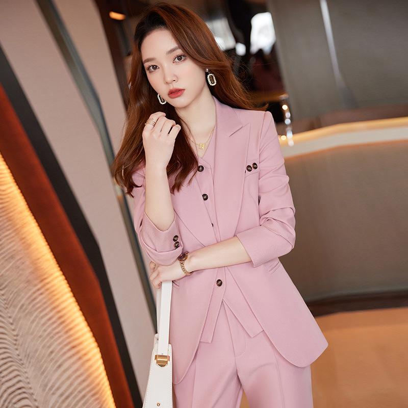 Pants Suit - パンツスーツ レディース セットアップ テーラードジャケット ベスト スラックス ビジネス 通勤 オフィス フォーマル 高級感 上品 きれいめ エレガント アプリコット ネイビー ピンク ポリエステル 秋冬 無地 美脚